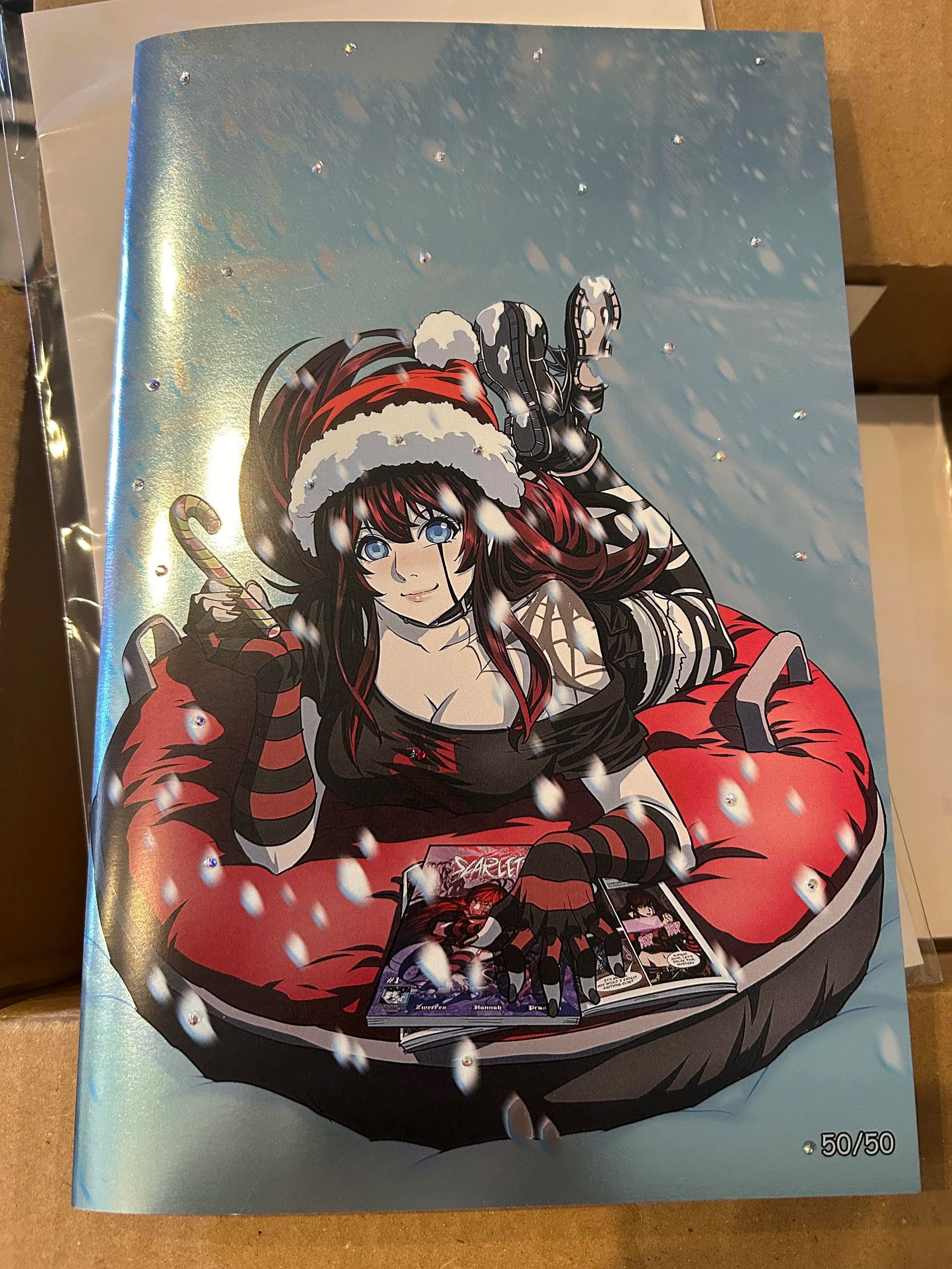 Scarlett #1 - Christmas / Holiday Winter Pinup / Pulp Fiction Homage - Web Store Exclusive - Foil and Swarovski Crystals Jeweled!